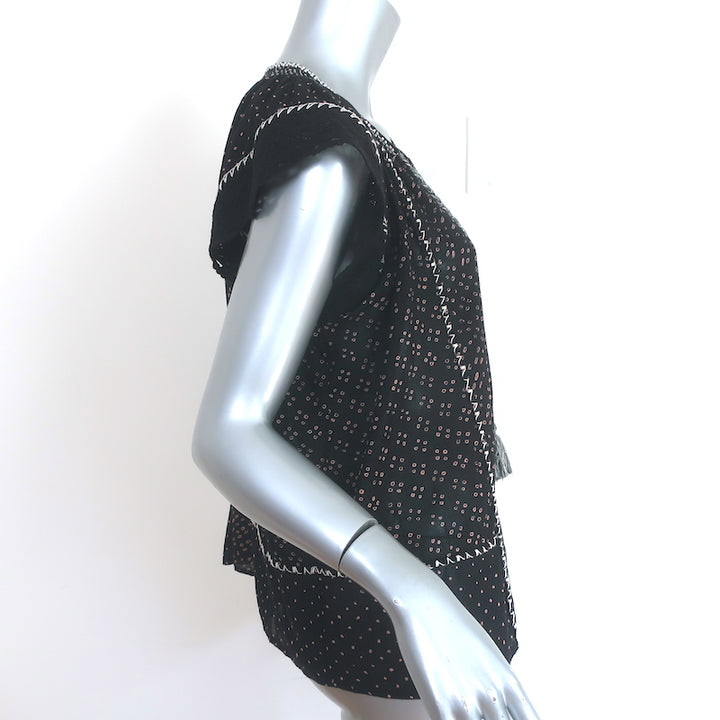 Ulla Johnson Rena Tassel Top Black Printed Cotton Size 6 Cap Sleeve Blouse
