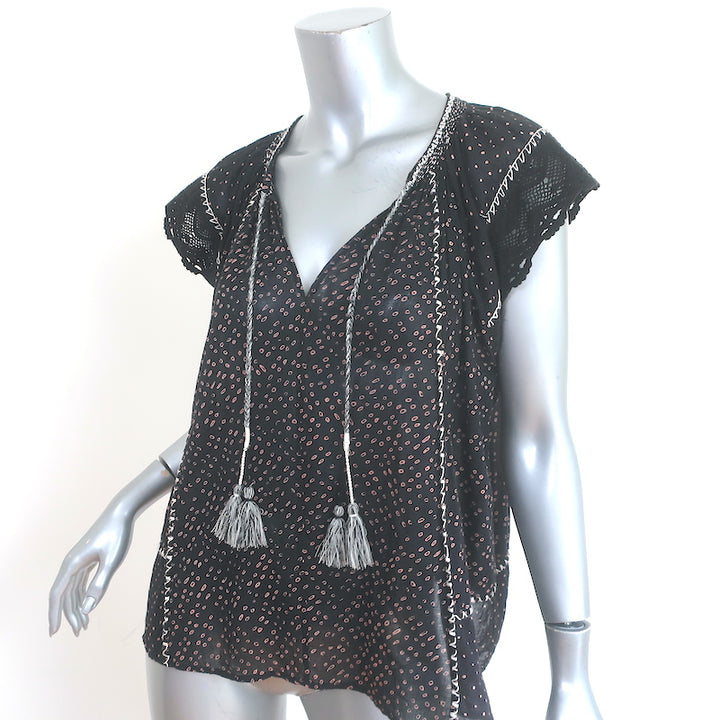 Ulla Johnson Rena Tassel Top Black Printed Cotton Size 6 Cap Sleeve Blouse