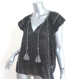 Ulla Johnson Rena Tassel Top Black Printed Cotton Size 6 Cap Sleeve Blouse