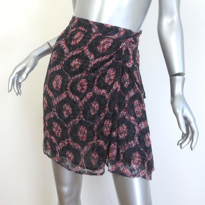 Isabel Marant Tilia Gathered Tie-Waist Printed Mini Wrap Skirt Black/Red Size 42