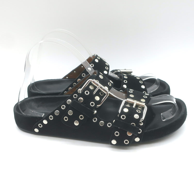 Isabel Marant Lennyo Grommet Studded Slide Sandals Black Suede Size 37
