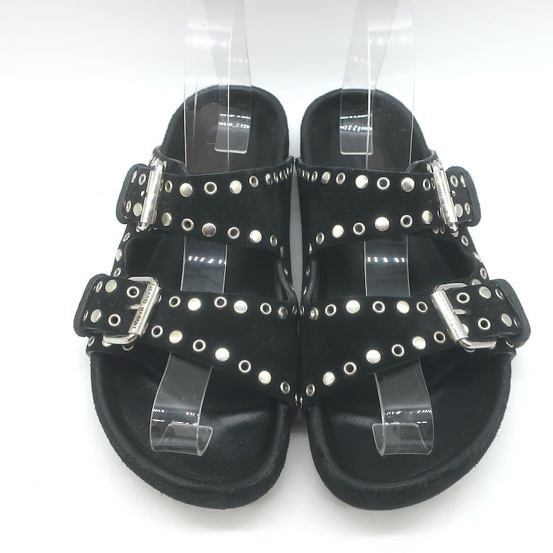Isabel Marant Lennyo Grommet Studded Slide Sandals Black Suede Size 37