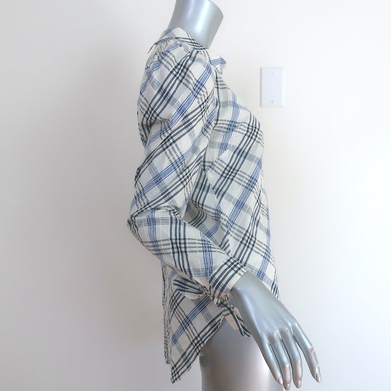 Veronica Beard Isabel Plaid Top Cream/Blue Size 8 Puff Sleeve Blouse