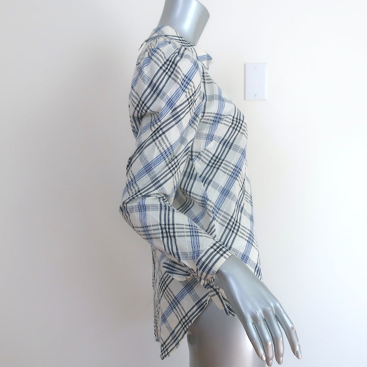 Veronica Beard Isabel Plaid Top Cream/Blue Size 8 Puff Sleeve Blouse