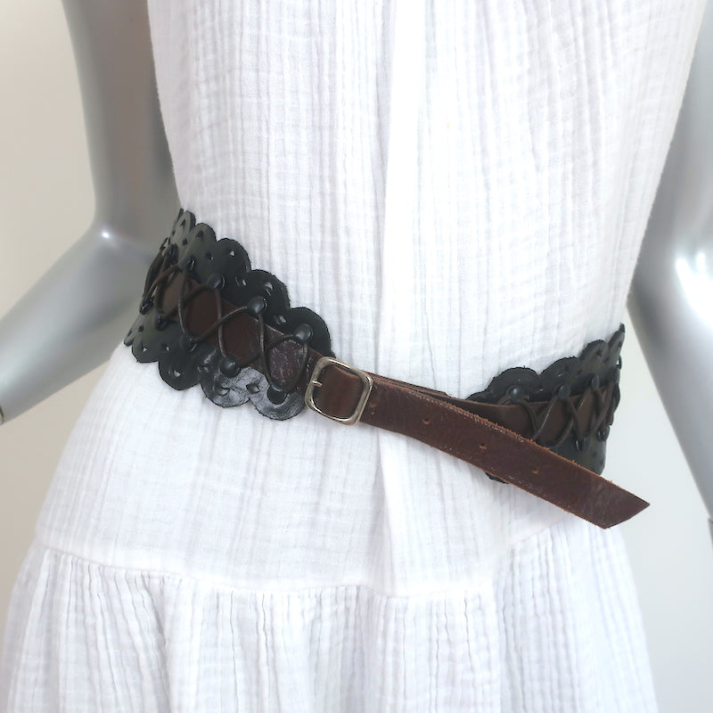 Calleen Cordero Lace-Up Wide Belt Black & Brown Scalloped Leather Size 30