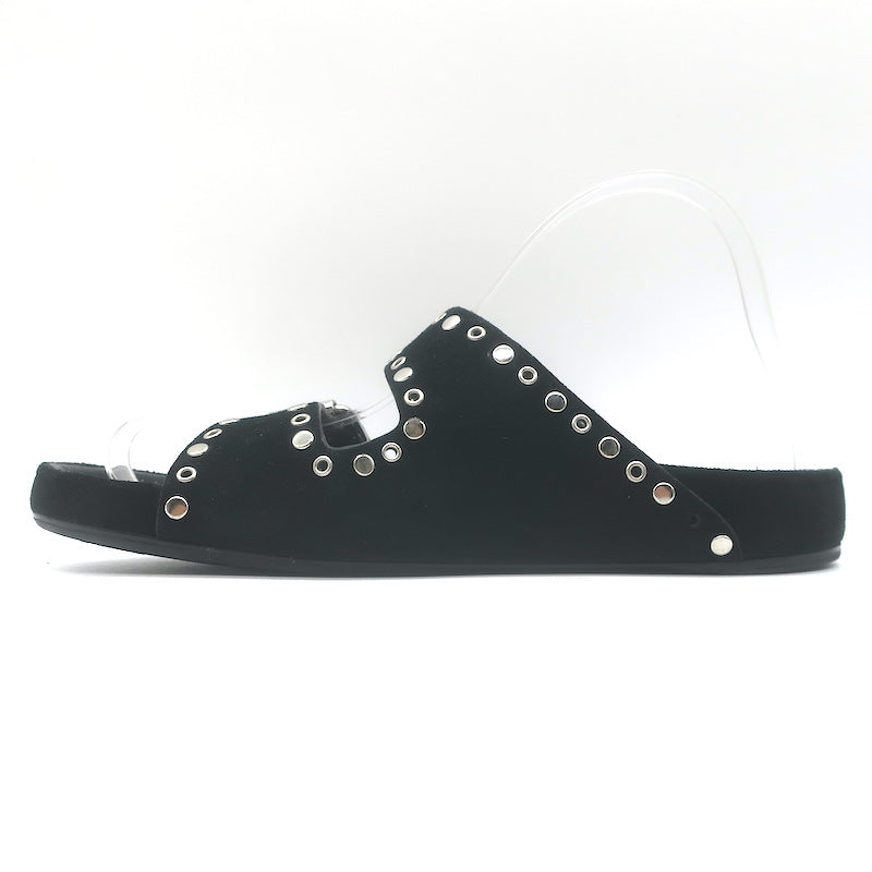 Isabel Marant Lennyo Grommet Studded Slide Sandals Black Suede Size 37