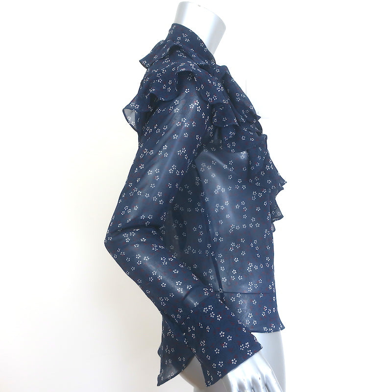 Veronica Beard Finley Ruffled Tie-Neck Top Navy Floral Print Chiffon Size 0