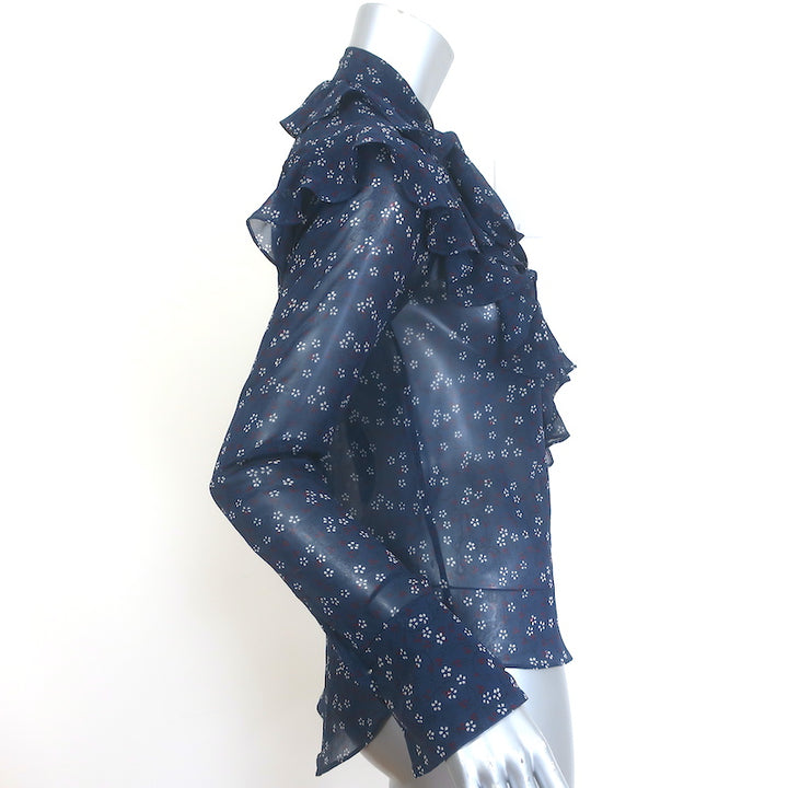Veronica Beard Finley Ruffled Tie-Neck Top Navy Floral Print Chiffon Size 0