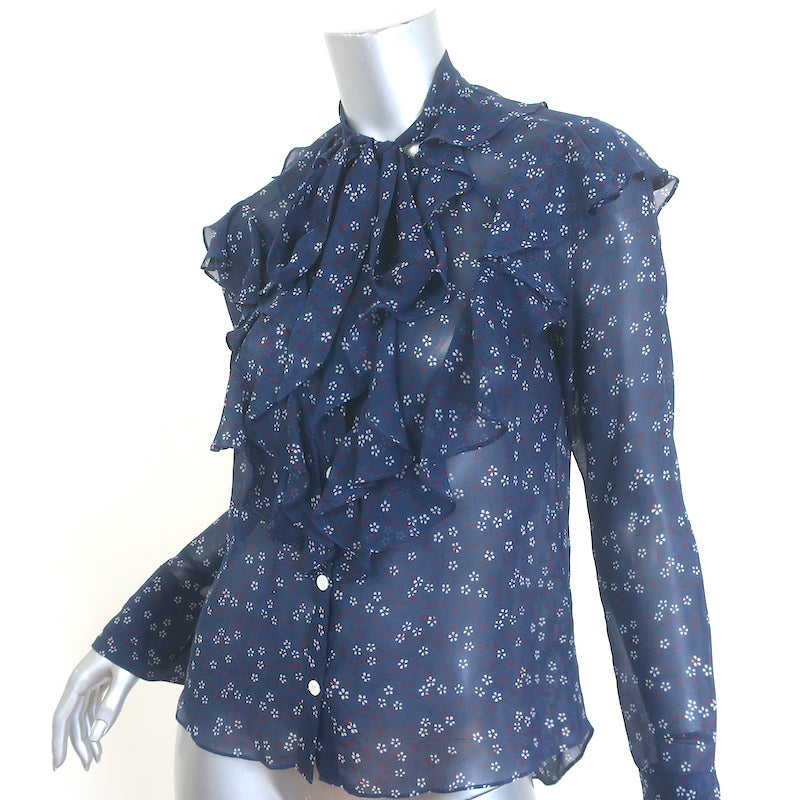Veronica Beard Finley Ruffled Tie-Neck Top Navy Floral Print Chiffon Size 0