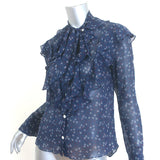 Veronica Beard Finley Ruffled Tie-Neck Top Navy Floral Print Chiffon Size 0