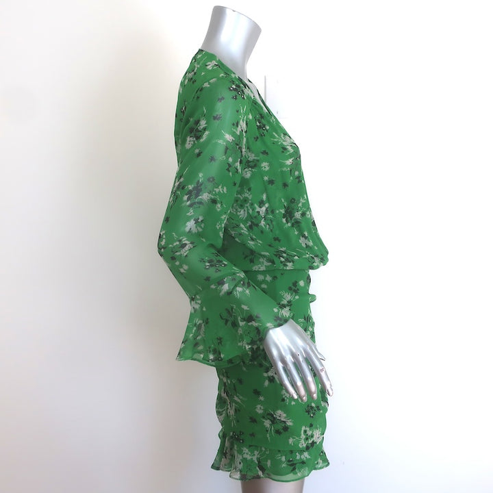 Veronica Beard Sean Ruched Mini Dress Green Floral Print Silk Chiffon Size 4