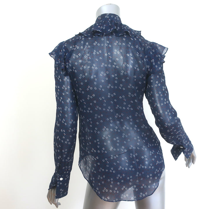 Veronica Beard Finley Ruffled Tie-Neck Top Navy Floral Print Chiffon Size 0