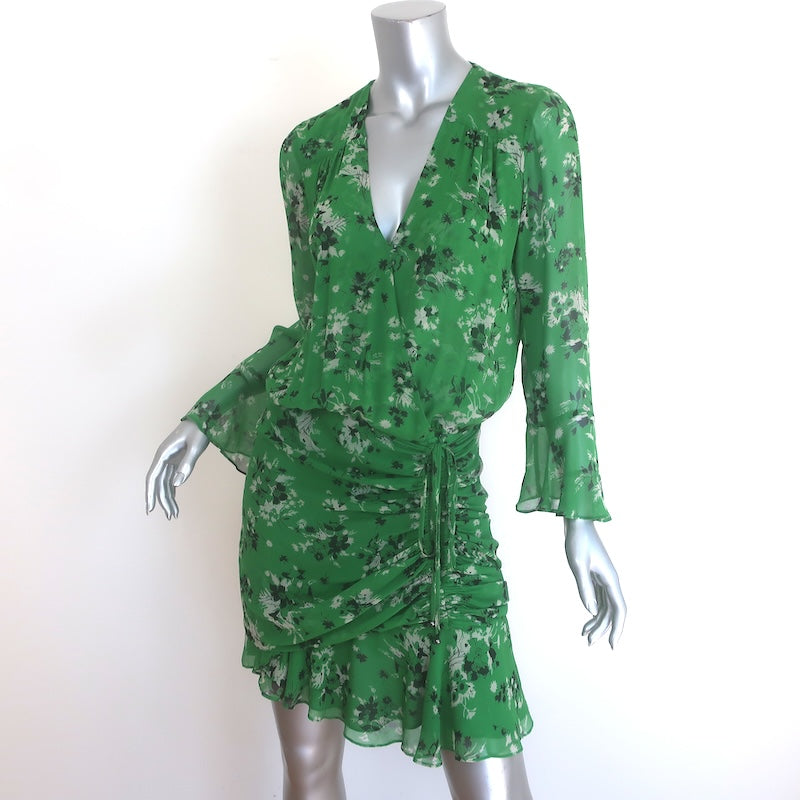 Veronica Beard Sean Ruched Mini Dress Green Floral Print Silk Chiffon Size 4