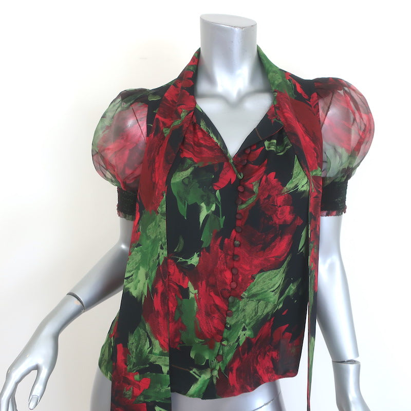 Alice + Olivia Brentley Tie-Neck Puff Sleeve Blouse Rose Print Size Extra Small