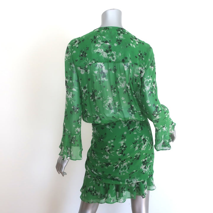Veronica Beard Sean Ruched Mini Dress Green Floral Print Silk Chiffon Size 4