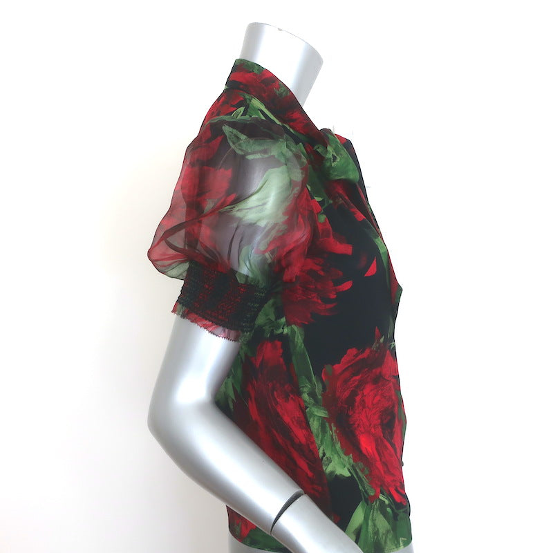 Alice + Olivia Brentley Tie-Neck Puff Sleeve Blouse Rose Print Size Extra Small