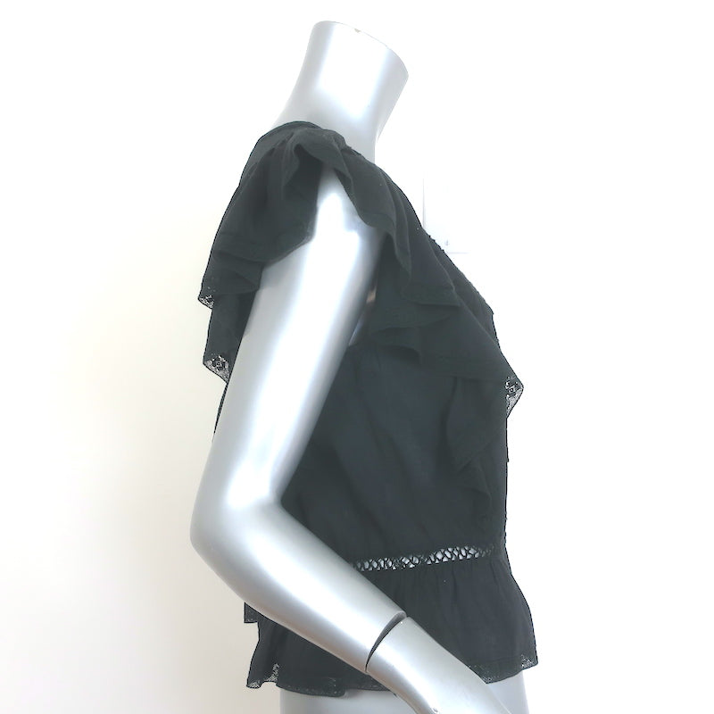 LoveShackFancy Ruffled Open-Back Top Black Embroidered Cotton Size Extra Small