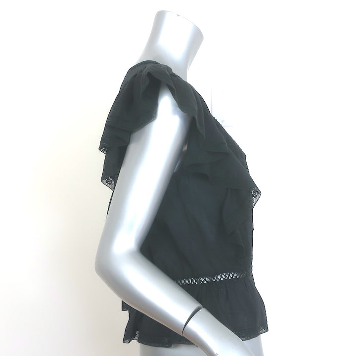 LoveShackFancy Ruffled Open-Back Top Black Embroidered Cotton Size Extra Small