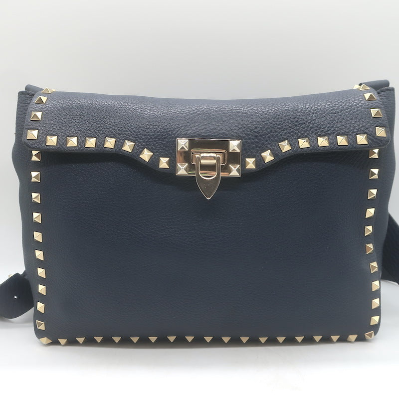 Valentino Rockstud Flap Crossbody Bag Dark Navy Pebbled Leather