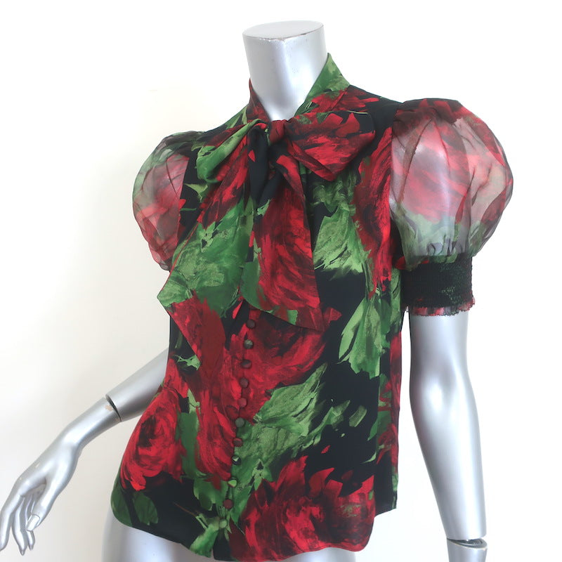 Alice + Olivia Brentley Tie-Neck Puff Sleeve Blouse Rose Print Size Extra Small