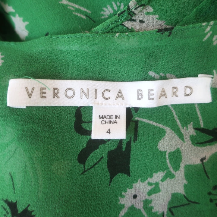 Veronica Beard Sean Ruched Mini Dress Green Floral Print Silk Chiffon Size 4