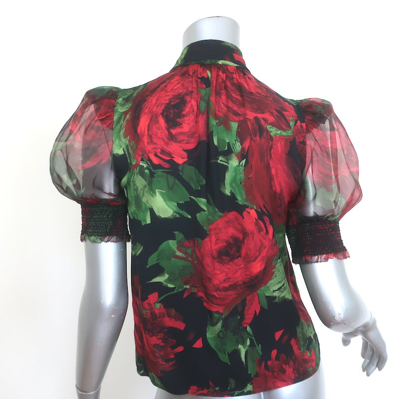 Alice + Olivia Brentley Tie-Neck Puff Sleeve Blouse Rose Print Size Extra Small