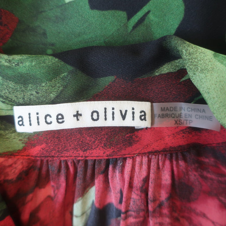Alice + Olivia Brentley Tie-Neck Puff Sleeve Blouse Rose Print Size Extra Small