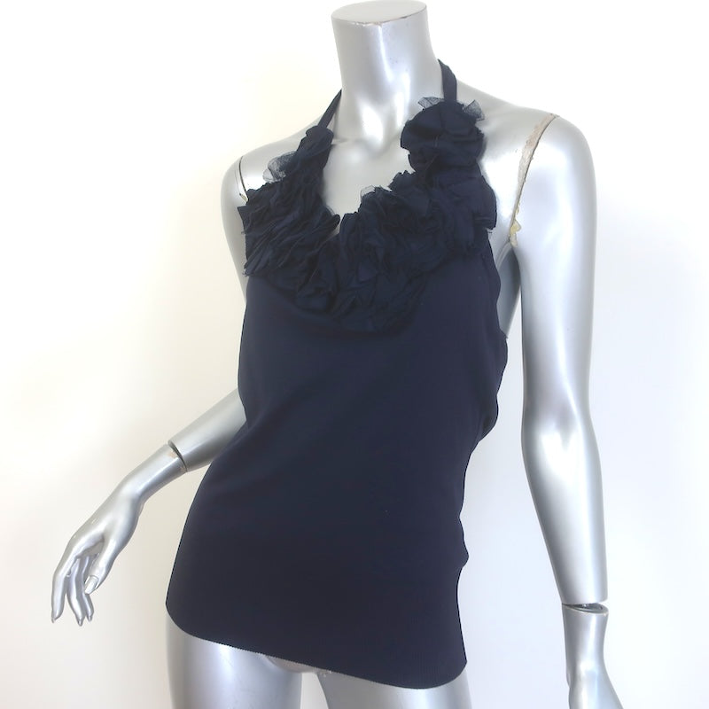 Ralph Lauren Flower-Embellished Halter Top Navy Cotton Size Large
