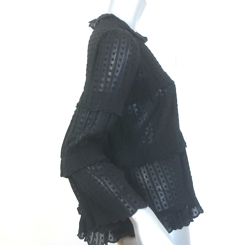 Isabel Marant Etoile Ykaria Ruffle Blouse Black Flocked Cotton Size 34