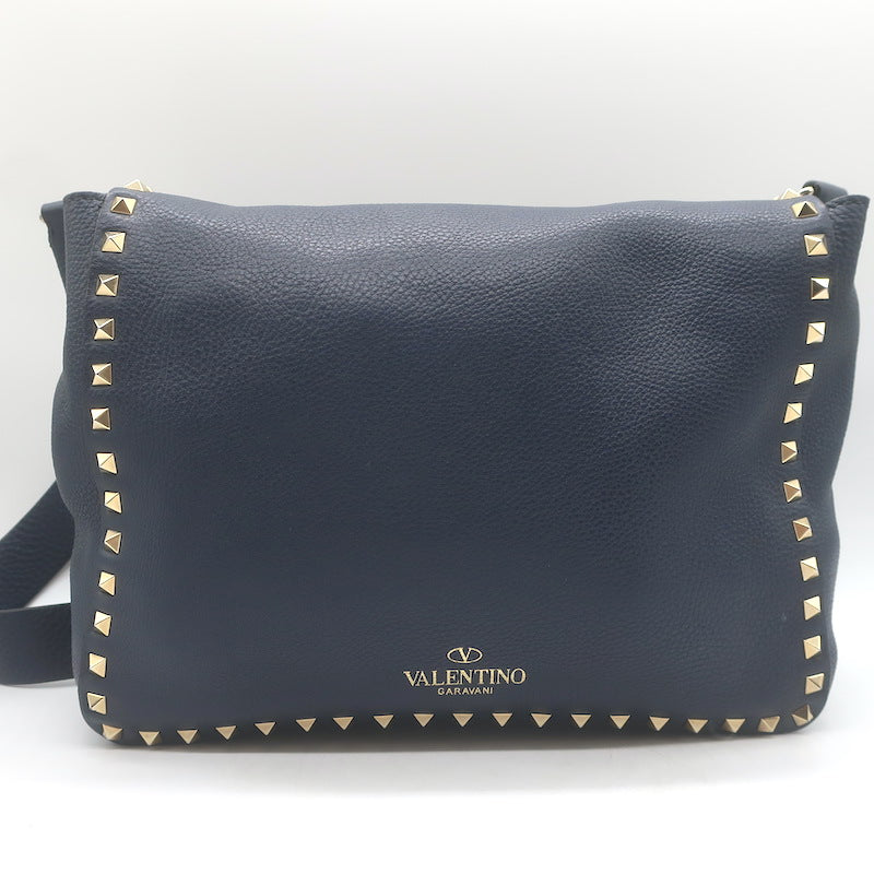 Valentino Rockstud Flap Crossbody Bag Dark Navy Pebbled Leather