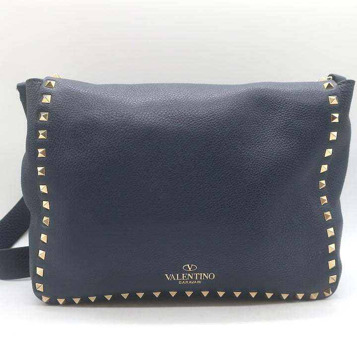 Valentino Rockstud Flap Crossbody Bag Dark Navy Pebbled Leather
