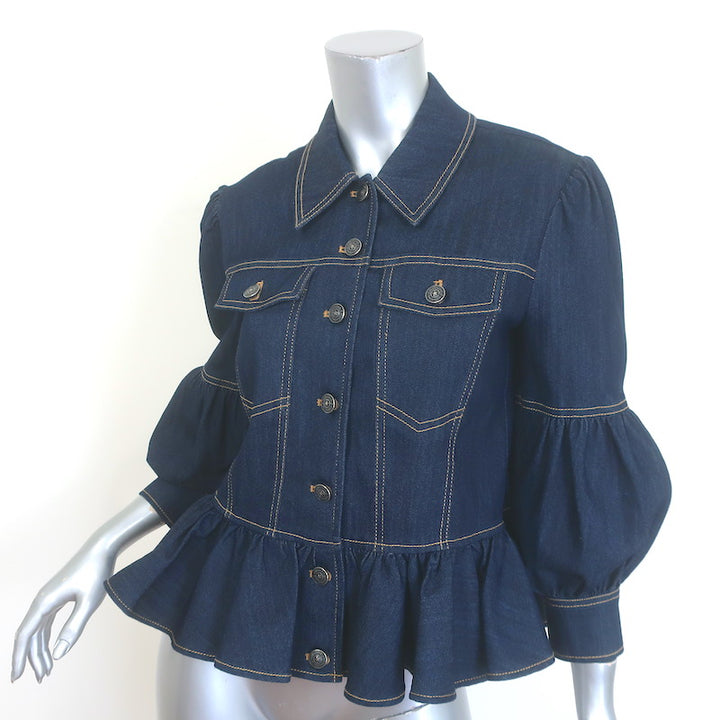 Cinq a Sept Lizzie Puff Sleeve Denim Peplum Jacket Indigo Stretch Cotton Size 4