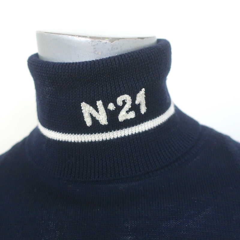 No. 21 Metallic-Striped Turtleneck Sweater Navy/Red Wool Size 36 NEW