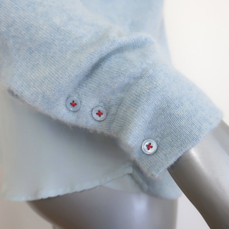 Brazeau Tricot Cashmere Mixed Media Button Down Shirt Light Blue Size 0