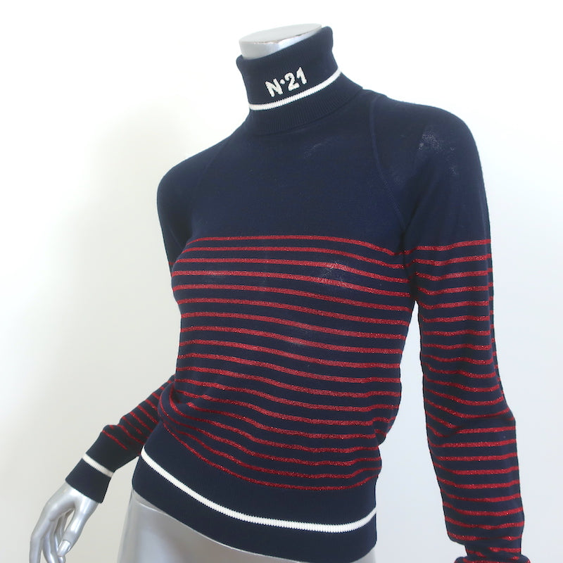 No. 21 Metallic-Striped Turtleneck Sweater Navy/Red Wool Size 36 NEW