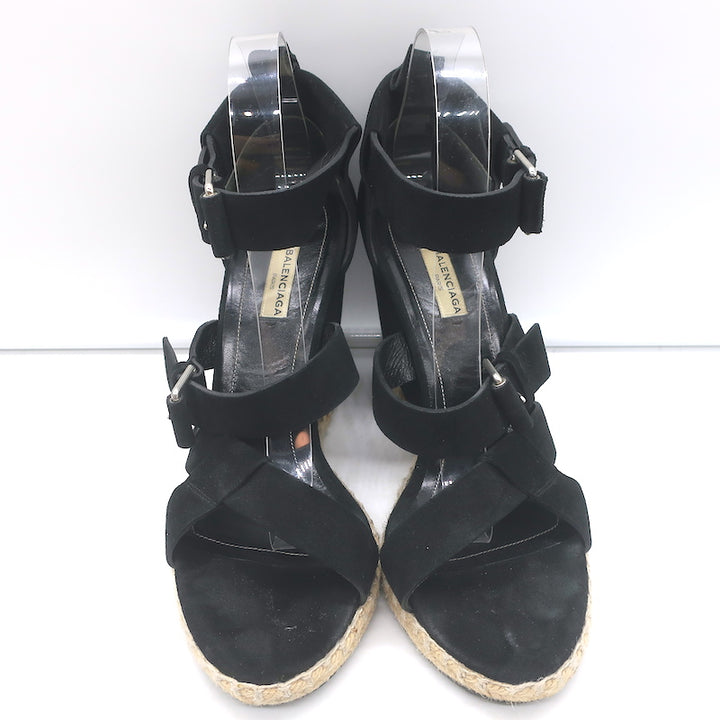 Balenciaga Espadrille Wedge Sandals Black Suede Size 41 Buckle-Strap Heels