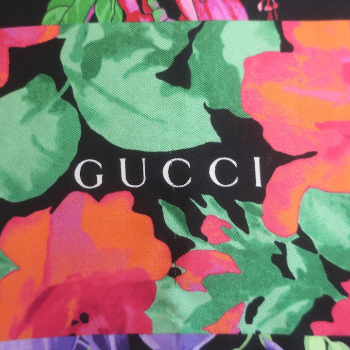 Gucci Lenis Floral Print 90cm Square Scarf Black/Multicolor Silk NEW