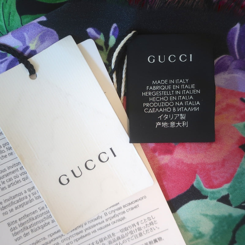 Gucci Lenis Floral Print 90cm Square Scarf Black/Multicolor Silk NEW