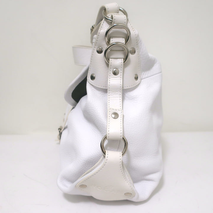 Hogan Buckled Flap Bag White Grained Leather Medium Shoulder Bag
