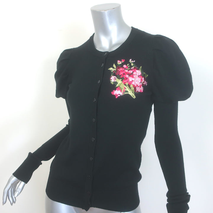Dolce &amp; Gabbana Floral-Embroidered Puff Sleeve Cardigan Black Wool Size 40