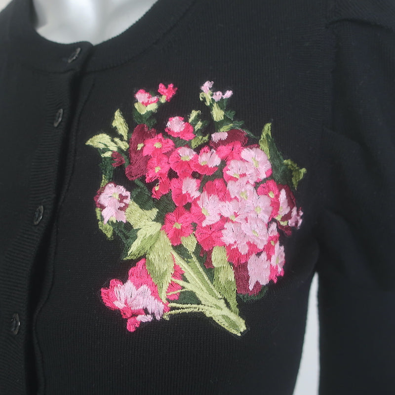 Dolce &amp; Gabbana Floral-Embroidered Puff Sleeve Cardigan Black Wool Size 40