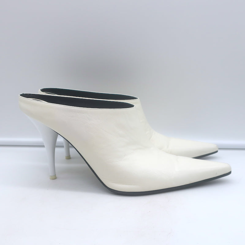Celine Pointed Toe Mules White Leather Size 38.5