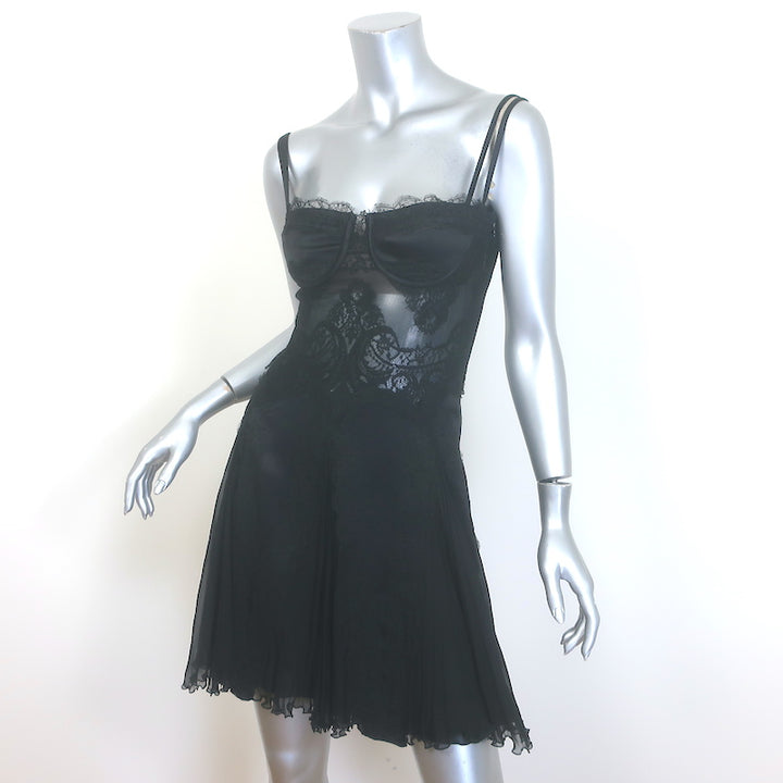Versace Bustier Mini Dress Black Lace-Trimmed Pleated Silk Size 36