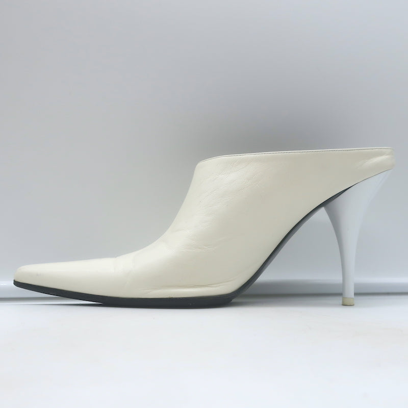 Celine Pointed Toe Mules White Leather Size 38.5