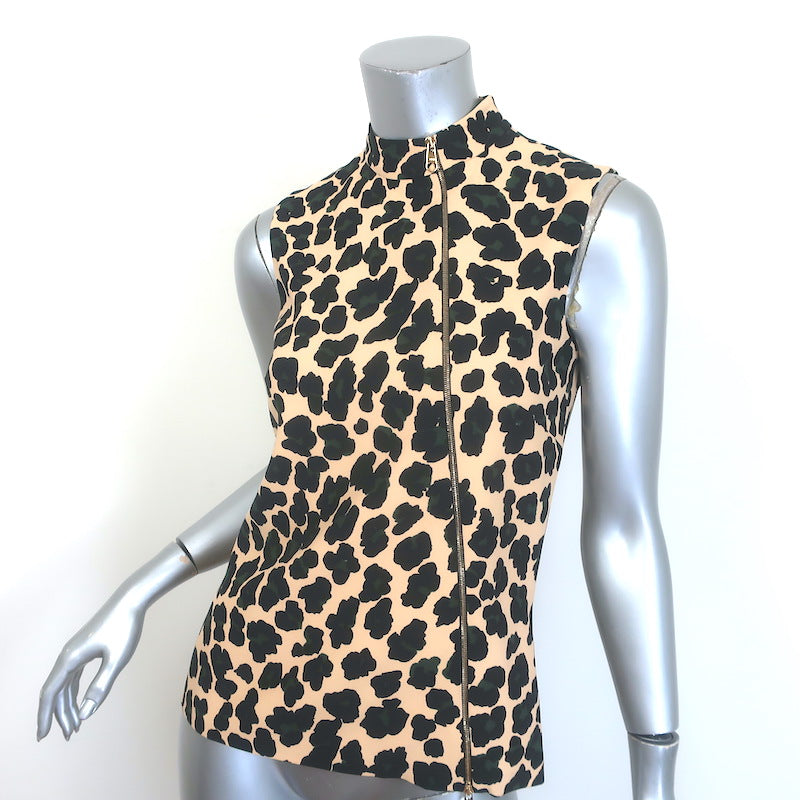 Christian Dior Asymmetric Zip-Front Top Beige Leopard Print Crepe Size US 4