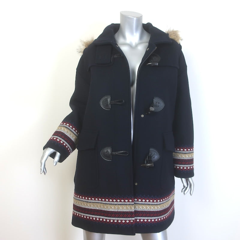 RED Valentino Fur-Trimmed Hooded Duffle Coat Black Embroidered Wool Felt Size 40