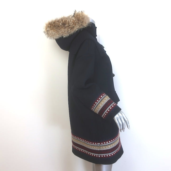 RED Valentino Fur-Trimmed Hooded Duffle Coat Black Embroidered Wool Felt Size 40