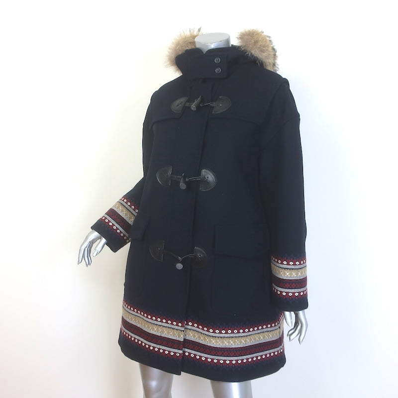RED Valentino Fur-Trimmed Hooded Duffle Coat Black Embroidered Wool Felt Size 40