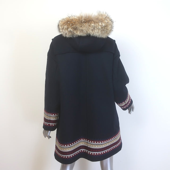 RED Valentino Fur-Trimmed Hooded Duffle Coat Black Embroidered Wool Felt Size 40