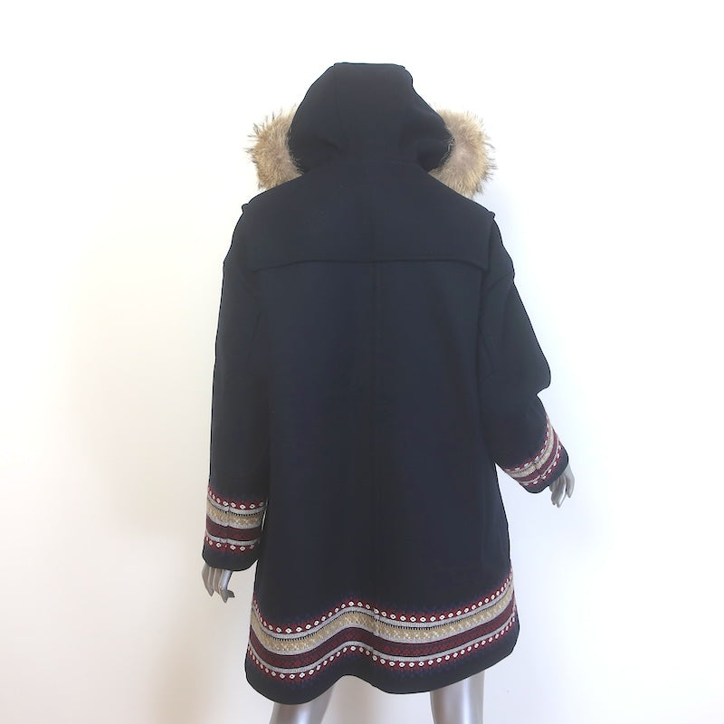 RED Valentino Fur-Trimmed Hooded Duffle Coat Black Embroidered Wool Felt Size 40